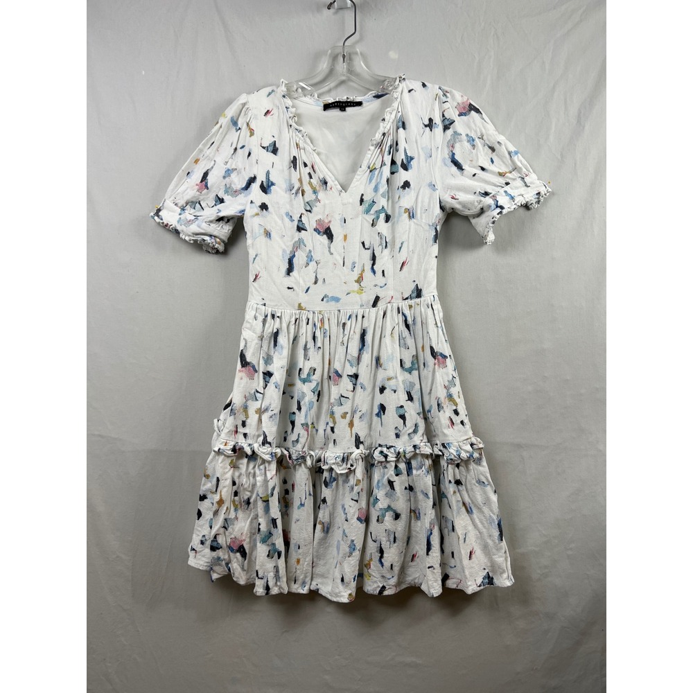 Abbey Glass Mini Dress Women XS White Abstract Print Ruffle Tiered Linen Blend